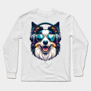 Grinning Border Collie as Smiling DJ with Headphones Long Sleeve T-Shirt